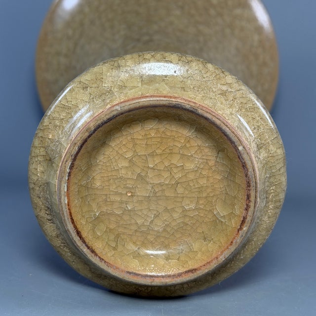 Chinese Crackle‑Glaze Gu‑Shape Vase, Collectible Decorative Beige Ceramic Vessel For Sale - Image 6 of 6