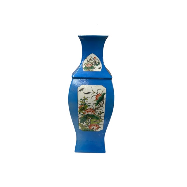 Chinese Bright Blue White Window Scenery Graphic Square Porcelain Vase For Sale - Image 4 of 17