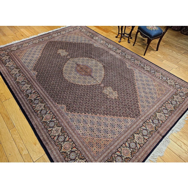 Antique Persian Tabriz Mahi Rug, Hand-Knotted Wool & Silk, Herati Geometric Pattern, Navy & Ivory, 9x12 For Sale - Image 9 of 18