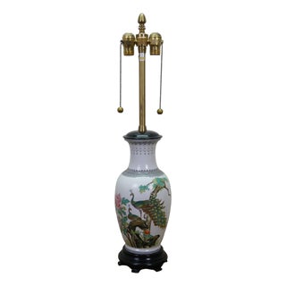 Mid 20th Century Marbro Chinese Famille Rose Porcelain Peacock Vase 2 Light Pull Chain Lamp 31" For Sale