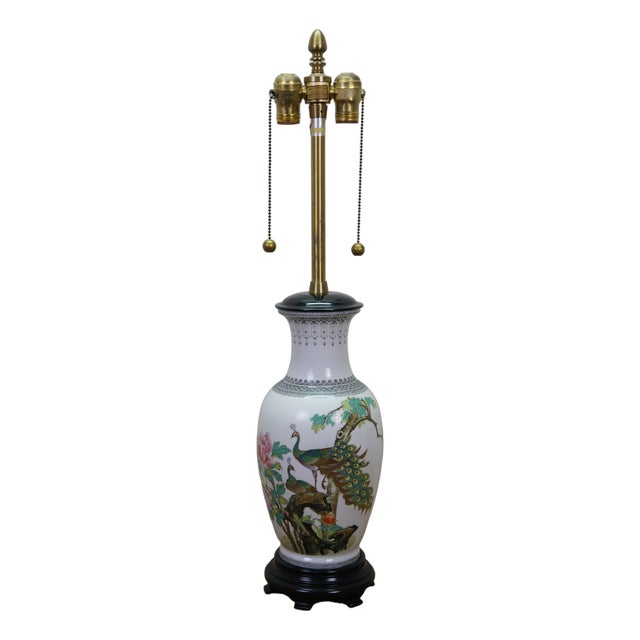 Mid 20th Century Marbro Chinese Famille Rose Porcelain Peacock Vase 2 Light Pull Chain Lamp 31" For Sale