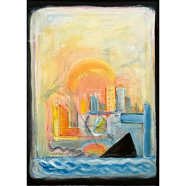 Painting on heavy black mixed media vellum paper of an abstract cityscape by Satori Gregorakis. Signed in the lower left...