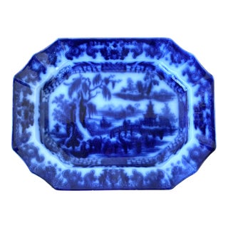 Vintage Boho Blue Willow Octagon Ceramic Platter For Sale