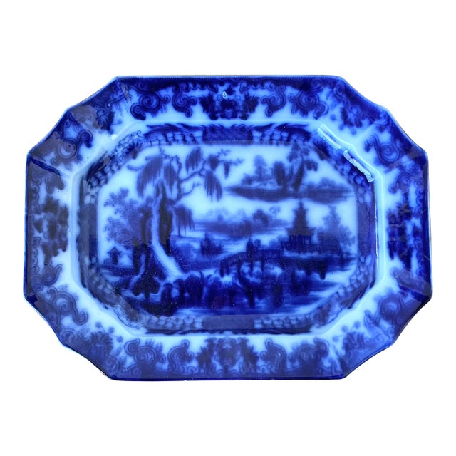 Vintage Boho Blue Willow Octagon Ceramic Platter For Sale