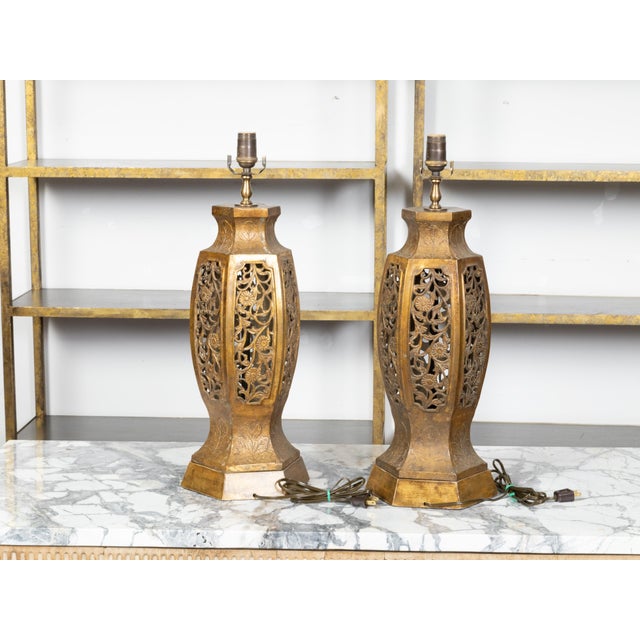 Mid 20th Century Asian MidCentury Us-Wired Table Lamps with Carved Openwork Floral Motifsv - a Pair For Sale - Image 4 of 9