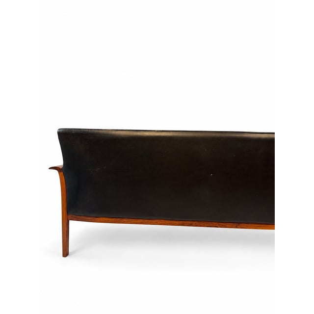 1960s Rosewood and Black Leather Sofa Attributed to Hans Olson For Sale - Image 6 of 14