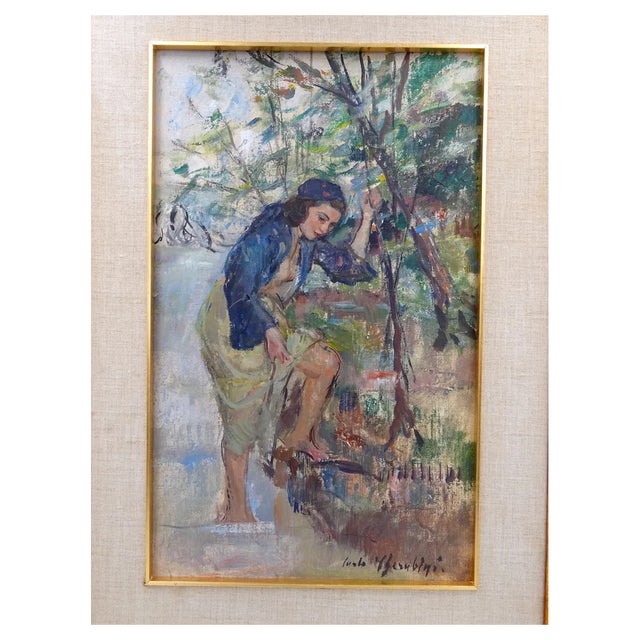 Carlo Cherubini, Female Figure in the Stream, 1950s, Oil on Canvas on Panel, Framed For Sale