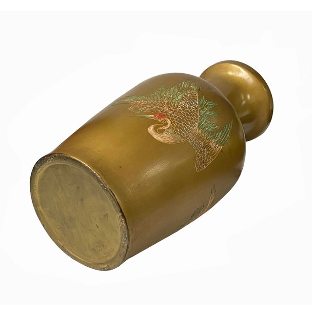 Gold Vintage Handmade Chinese Matte Gold Paint Cranes Motif Vase For Sale - Image 8 of 9
