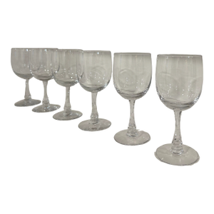 Set of 6 Signed Mid Century Modern Fostoria Wine Glasses in the Fascination Clear Pattern