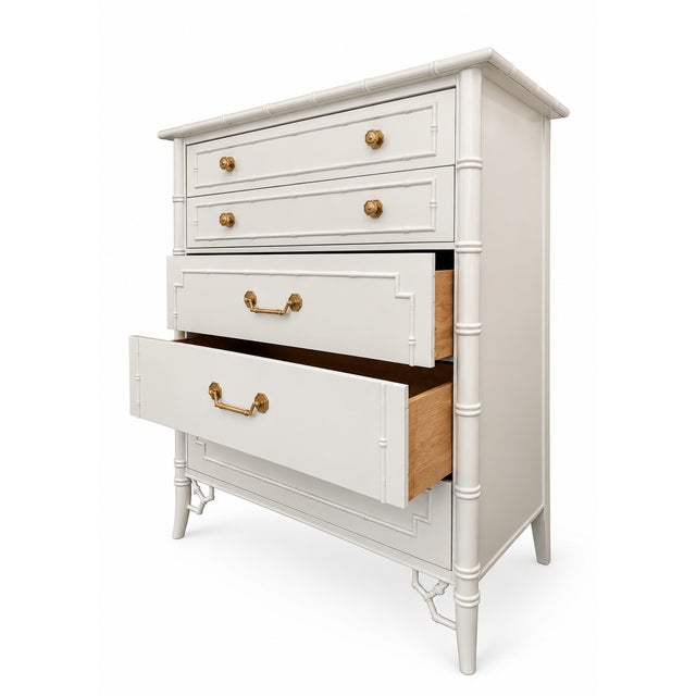 Vintage Thomasville Faux Bamboo Highboy Dresser With Chinoiserie Fretwork & Brass Hardware For Sale In West Palm - Image 6 of 8