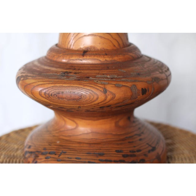 A great handmade turned wood table lamp with great grain in an oak stain. Matching spider fit 1950s-60s pleated or brown...