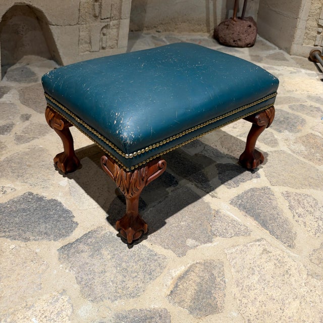 Chippendale or Georgian Style Vintage Leather Footstool Antique For Sale In San Diego - Image 6 of 12
