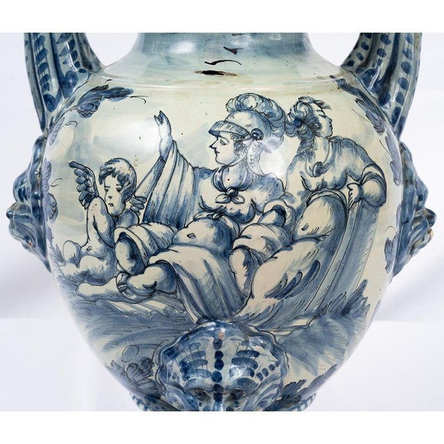 : Antique 18th-century Stagnone vase in glazed majolica, made in Albisola (Genoa). The vase features a monochrome blue...