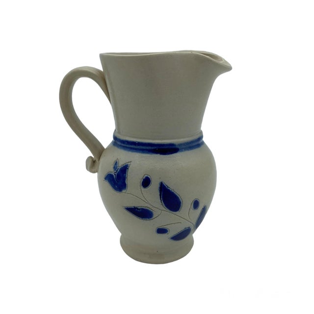 Williamsburg Restoration Inc. Vintage Williamsburg Salt Glazed Stoneware Pottery Cobalt Blue Leaf Pitcher For Sale - Image 4 of 4