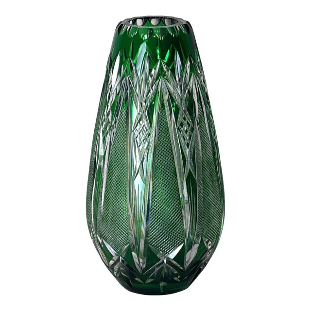 Bohemian Biedermeier Style Cut and Polished Green Crystal Vase For Sale