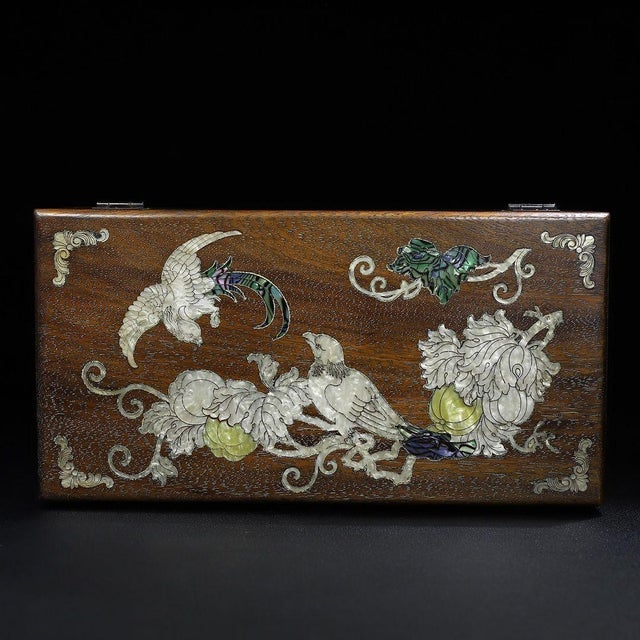 Chinese Vintage Chinese Huali Rosewood Box | Mother-of-Pearl Inlaid Bird & Flower Motif For Sale - Image 3 of 10