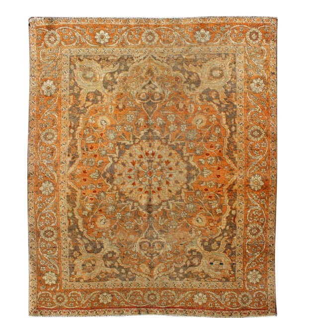 Antique Persian Tabriz Haji Jalili With Central Medallion and Florals in Orange, Brown For Sale