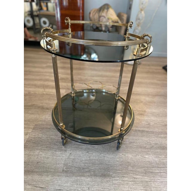 Round Brass and Smoked Glass Serving Trolley, 1970s For Sale - Image 4 of 12
