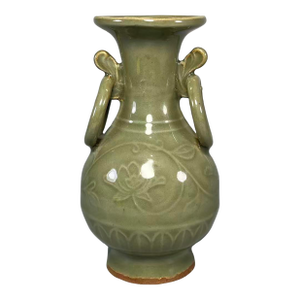 Vintage Chinese Longquan Celadon Decorative Vase With Double Ears Ring, Oriental Classic Art Ceramic