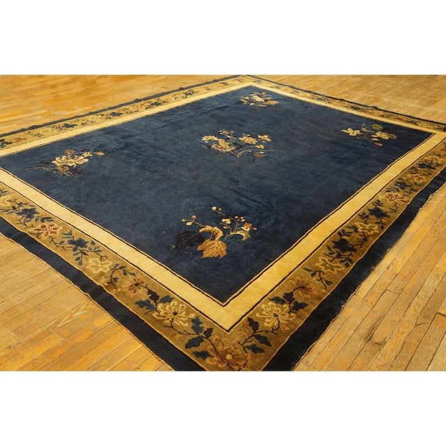 Chinese 1920s Antique Chinese Peking Wool Rug Blue Rectangle Floral Design 9' X 11' 5" For Sale - Image 3 of 5
