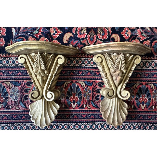 Neoclassical Pair of 18th Century Italian Neoclassical Gold Gilt Carved Wood Brackets Wall Mount Shelves For Sale - Image 3 of 13