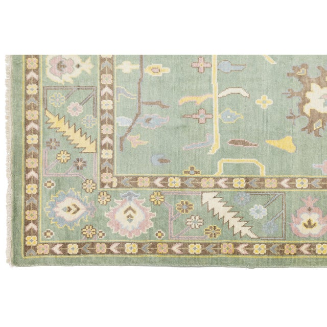 Modern Sage Green Oushak Style Wool Area Rug With Pastel Geometric Floral Accent For Sale - Image 10 of 12
