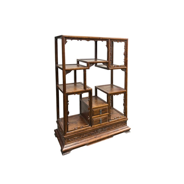 Wood Pair Chinese Vintage Brown Stain Chest Height 51" Curio Display Cabinets For Sale - Image 7 of 11