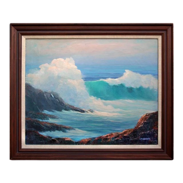 1960s "Rocky Shore" Seascape Oil Painting, Framed For Sale