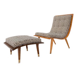 Mid-Century Modern Bent Plywood Scoop Shape Chair & Ottoman on Dowel Legs Mint For Sale
