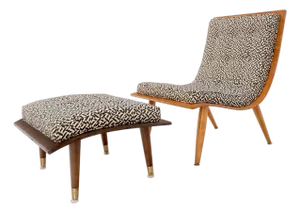 Mid-Century Modern Bent Plywood Scoop Shape Chair & Ottoman on Dowel Legs Mint