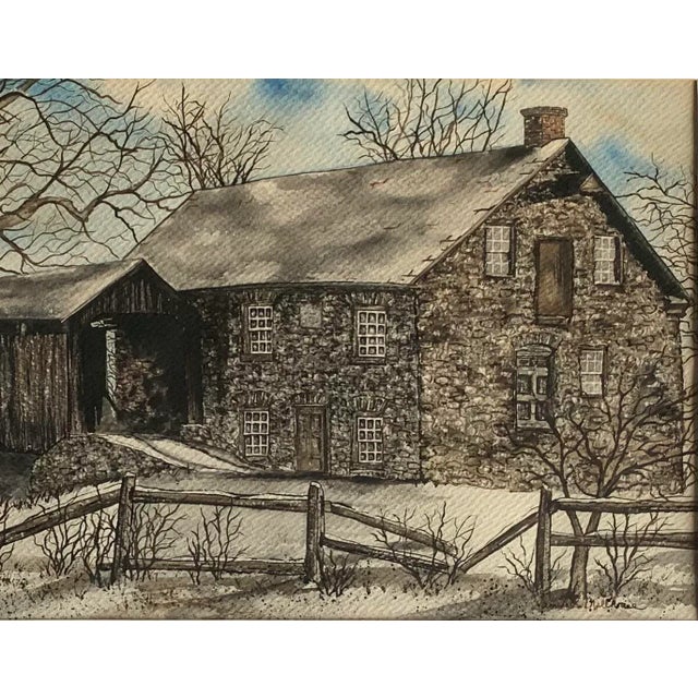 1980s 1980s Original Framed Watercolor of an Old Stone Mill House For Sale - Image 5 of 6