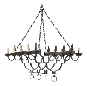 French Rectangular Shaped Black Forged Iron Eight-Light Chandelier