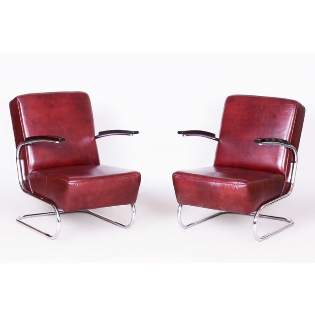 Red Czech Bauhaus Armchairs in Red Leather and Chrome by Arnošt Beck, 1930s, Set of 2 For Sale - Image 8 of 8