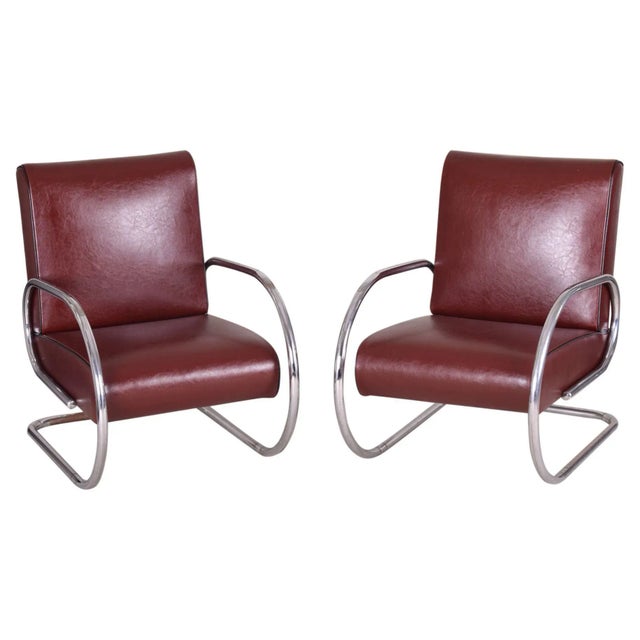 Burgundy Tubular Armchairs, 1930s, Set of 2 For Sale - Image 10 of 10