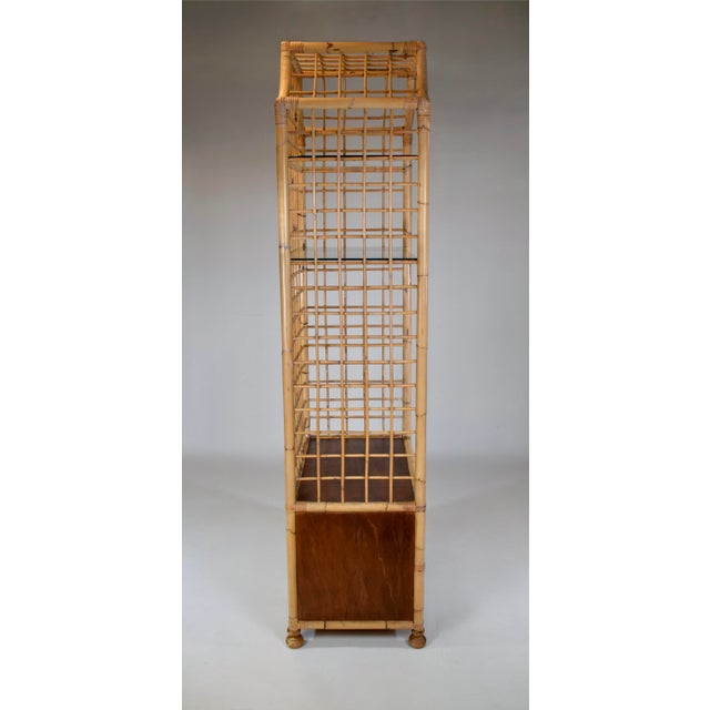 1970's Vintage Coastal Pagoda Bamboo Etagere Bookcase With Glass Shelves and Drawers For Sale - Image 9 of 15
