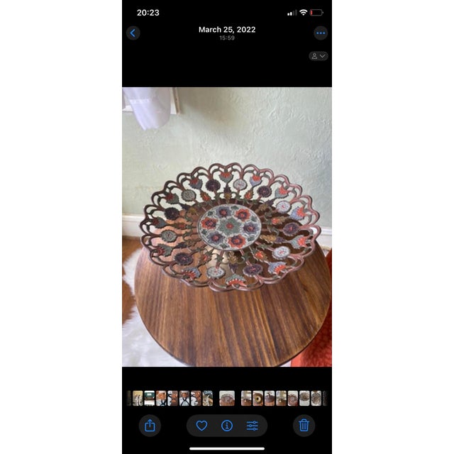 Brass Penco Vintage Hand Painted Floral Brass Pedestal Open Decorative Bowl For Sale - Image 8 of 9