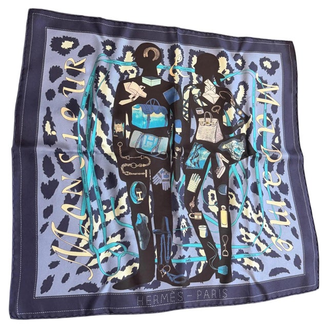 Blue A 2000s Monsieur Et Madame Blue Silk Square Scarf by Hermès For Sale - Image 8 of 14
