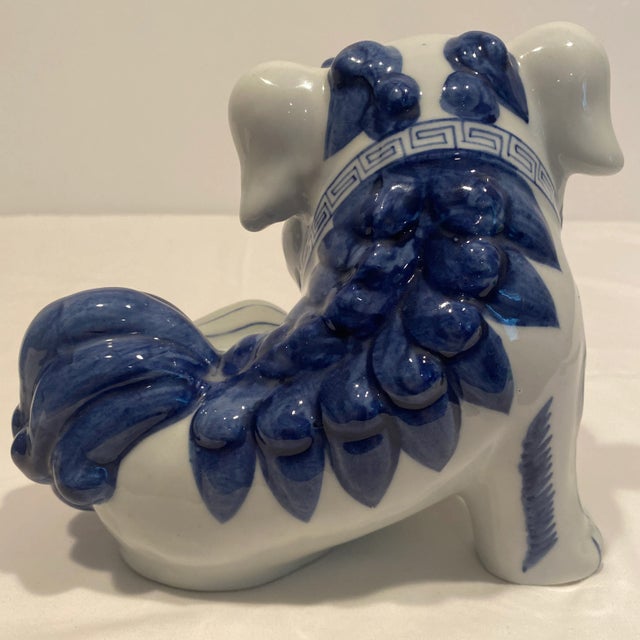 Vintage Blue & White Ceramic Foo Dogs - A Pair For Sale - Image 10 of 13