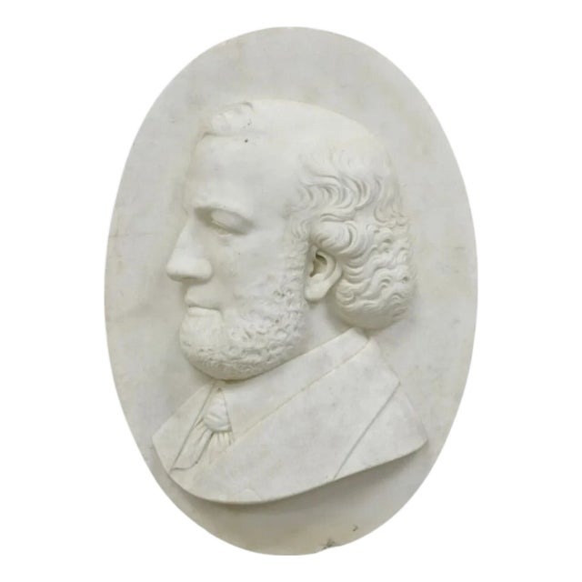 Antique Italian Marble Relief Carved 20" Oval Renaissance Bearded Gentleman Bust For Sale