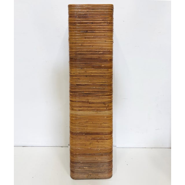 Modern Tall Vintage Pencil Reed Rattan Pedestal With Black Glass For Sale - Image 3 of 6