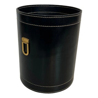 1970s Black leather and brass wastepaper basket in the style of Jacques Adnet For Sale