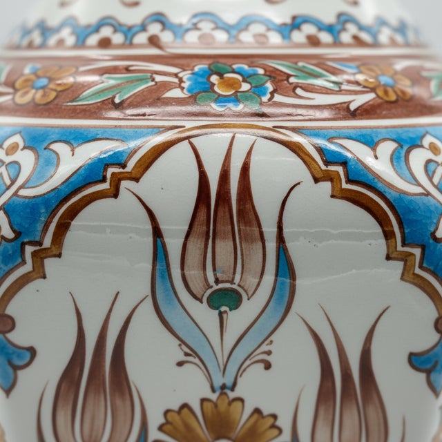 Handmade Ceramic Iznik Vase (Faceted Form) Russet Brown and Turquoise Floral For Sale - Image 4 of 9