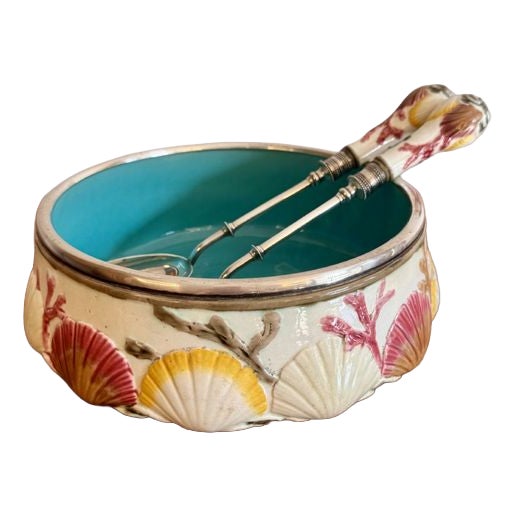 Antique Majolica Salad Bowl and Servers, 1860, Set of 3 For Sale