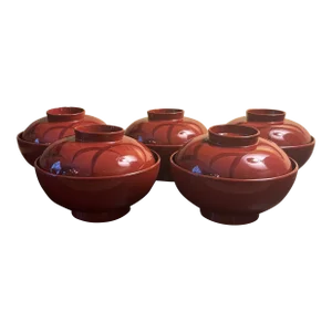 Early 21st Century Japanese Lacquer Ware Rice Bowls With Lids- Set of 5