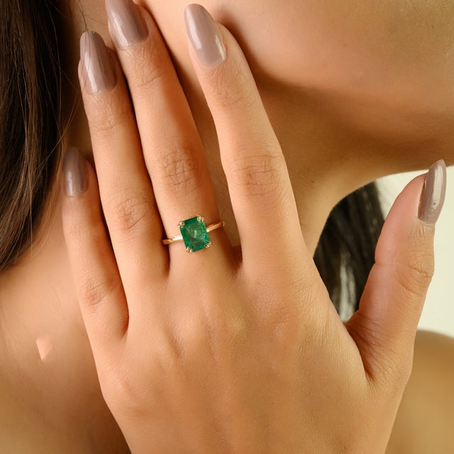 Not Yet Made - Made To Order Double Prong Set Art Deco 2 Ct Emerald Engagement Ring Size 6.5 in 14k Solid Gold For Sale - Image 5 of 14