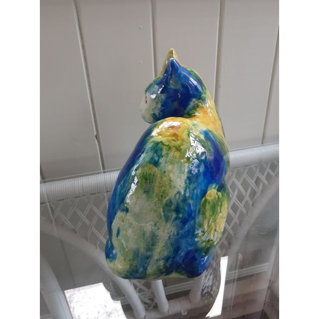 Blue Mid-Century Italian Majolica Cat Sculpture in Blue & Green Glaze For Sale - Image 8 of 8