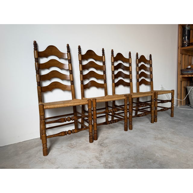 Vintage French Country Style Tall Ladder Back Rush Seat Dining Chairs – Set of 4 For Sale In Miami - Image 6 of 18