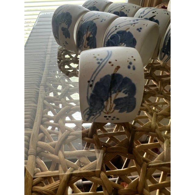 Natural stone color napkin rings with blue crayfish designs Pottery from the Phillipines Set of 8