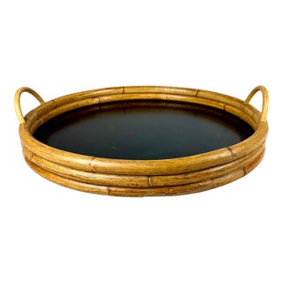 Mid Century Boho Chic Bamboo and Melamine Round Tray For Sale