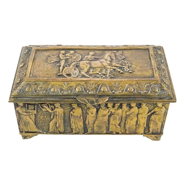Early 19th Century Antique Greek Revival Brass Jewelry Box, Velvet Lined With Classical Relief Panels For Sale